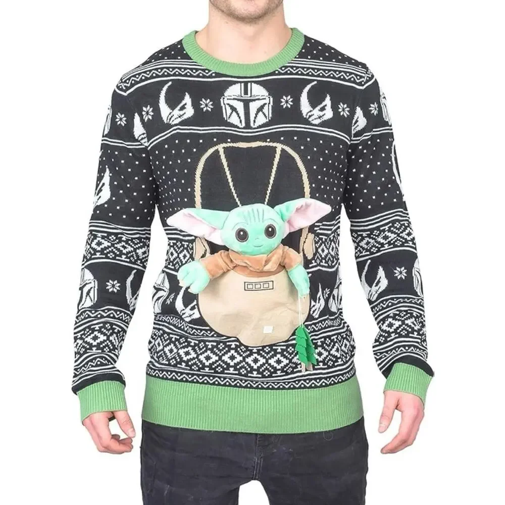 UNISEX STAR WARs Black and Green Sweater with Baby Yoda